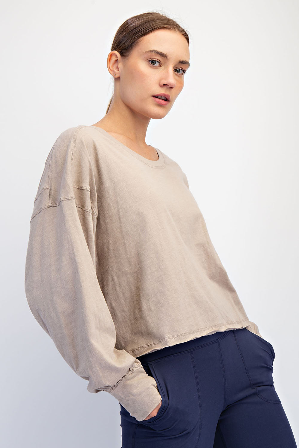 Open Back Long Sleeve Thumb Hole Top - Taupe