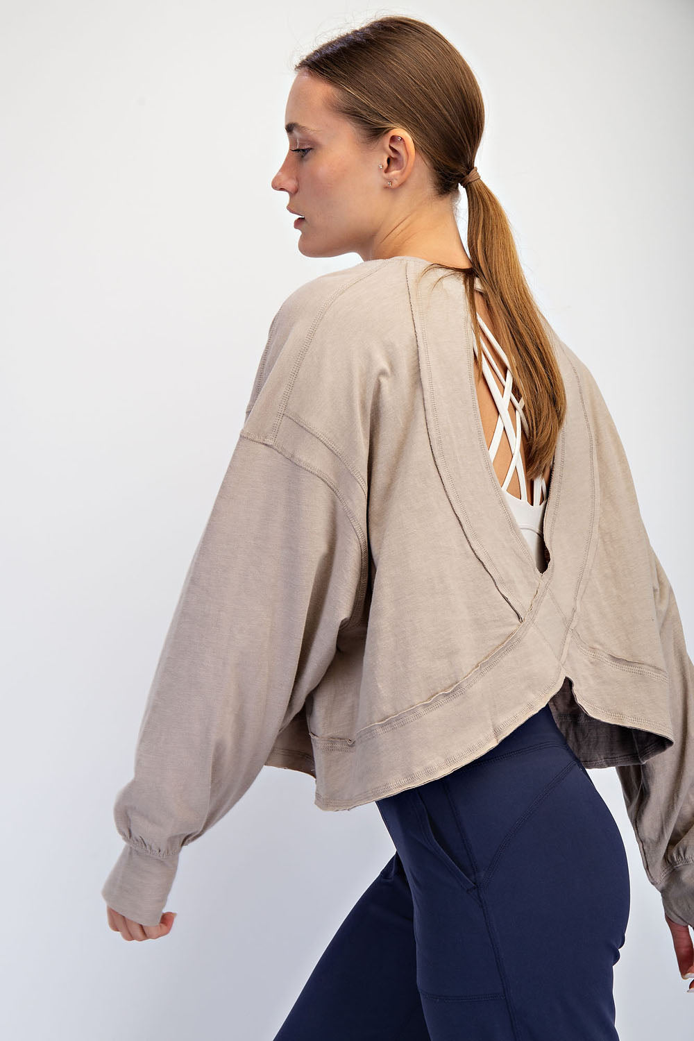 Open Back Long Sleeve Thumb Hole Top - Taupe