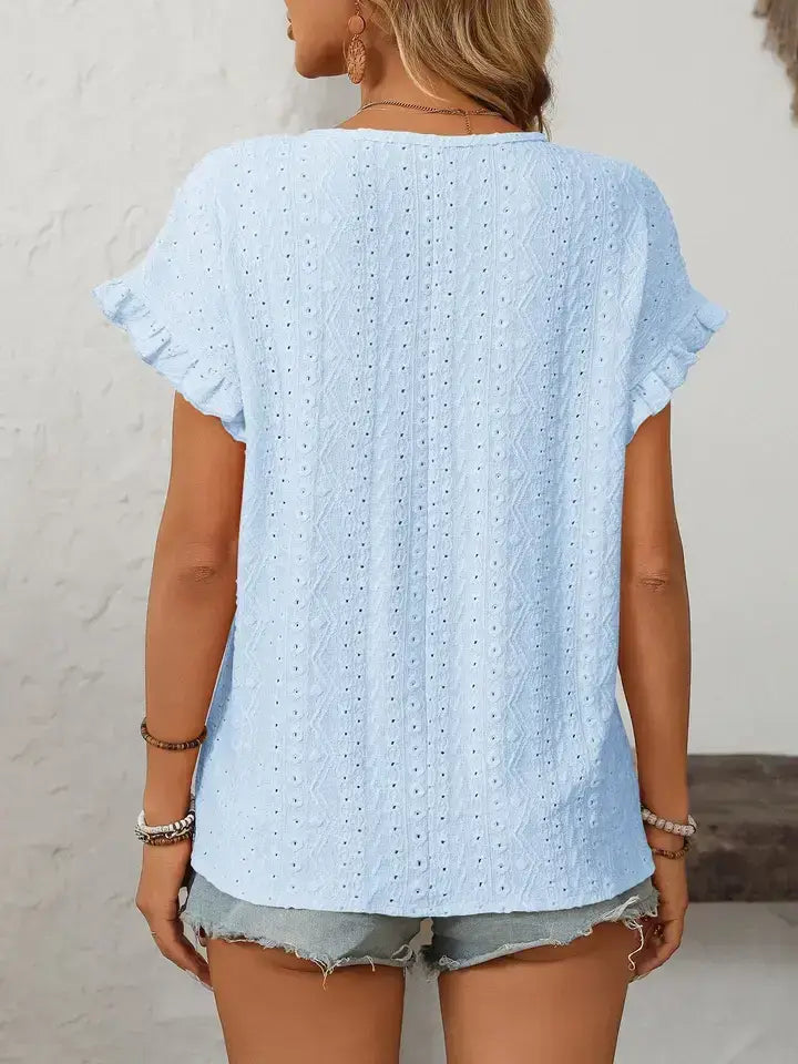 Light Blue Hollow-Out Crewneck Short Sleeve Summer Top: Turquoise blue / 65%Polyester+30%Viscose+5%Elastane / L