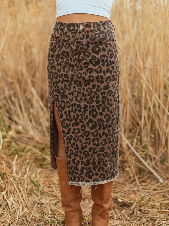 Leopard Denim Midi Skirt