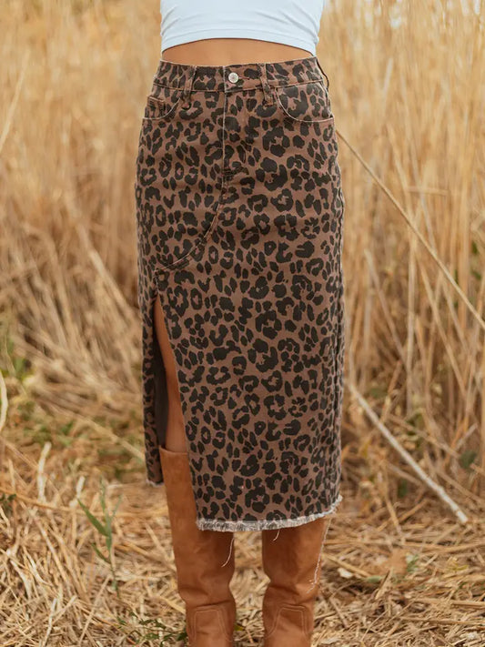 Leopard Denim Midi Skirt