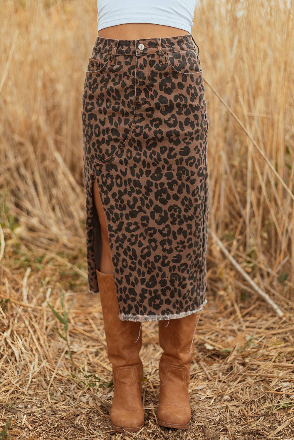 Brown Leopard Denim Frayed Split Denim Midi Skirt: Brown / 65%Cotton+33%Polyester+2%Elastane / M
