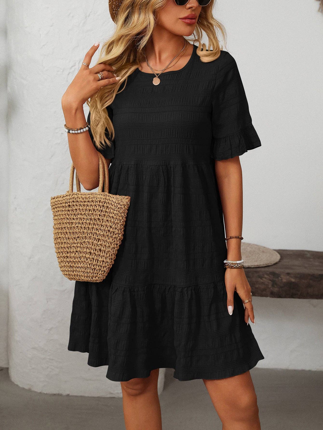 Women Ruffle Sleeve A Line Tiered Flowy Casual Trendy Mini Dress: Bean paste powder / 100% Polyester / S