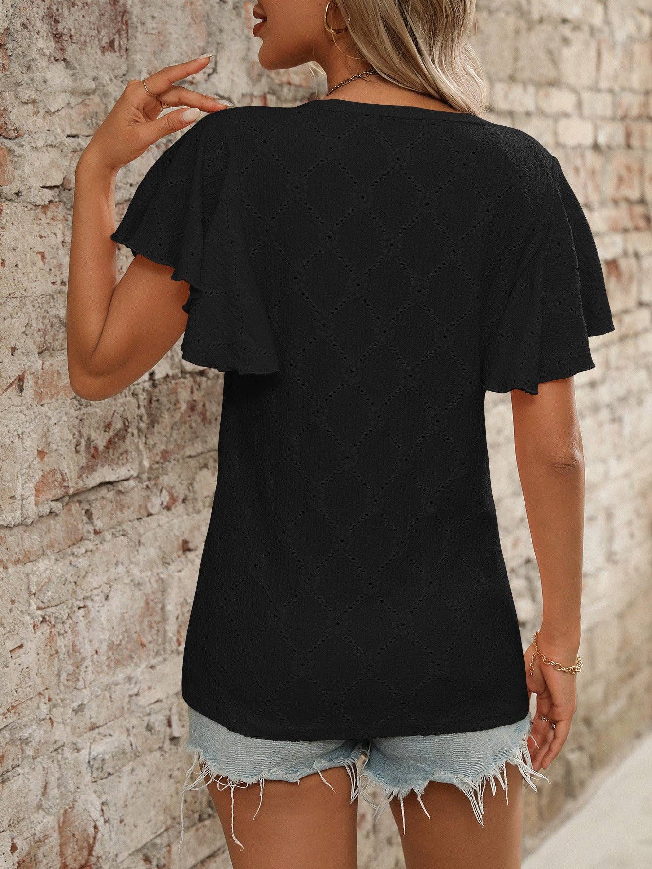 Eyelet Ruffle Sleeve Floral Knit Casual Summer T Shirt