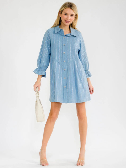 Blue Button-Down Rhinestone Shirt Dress
