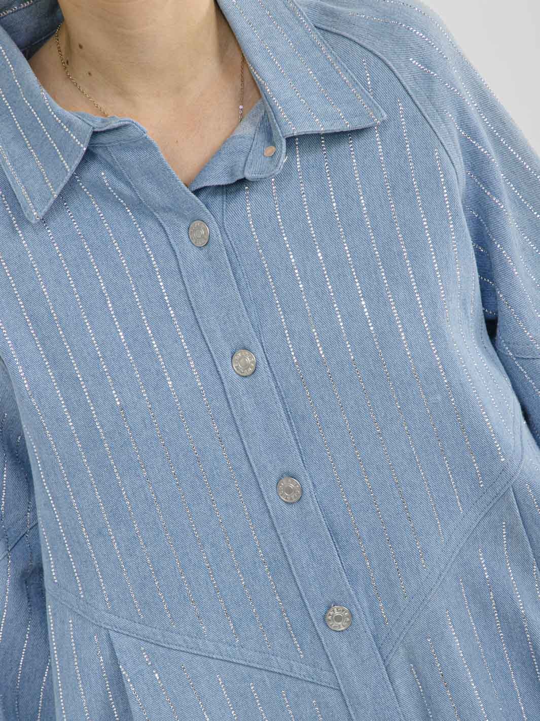 Blue Button-Down Rhinestone Shirt Dress