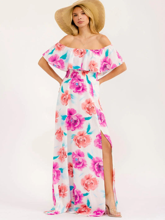 Pink Floral Off-Shoulder Maxi Dress