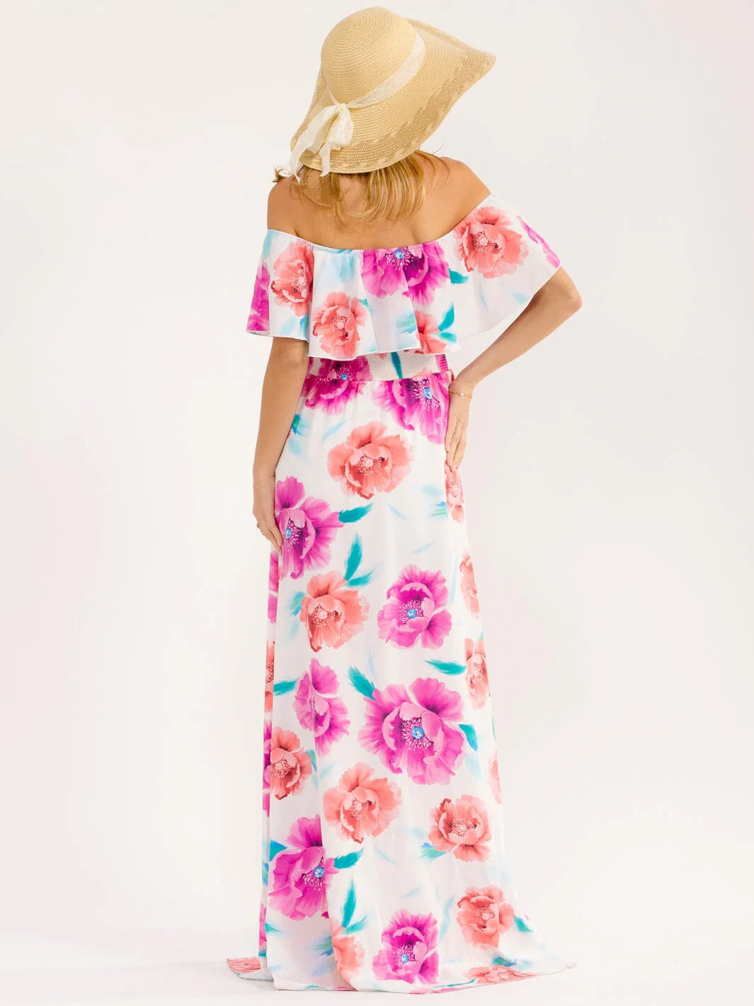 Pink Floral Off-Shoulder Maxi Dress
