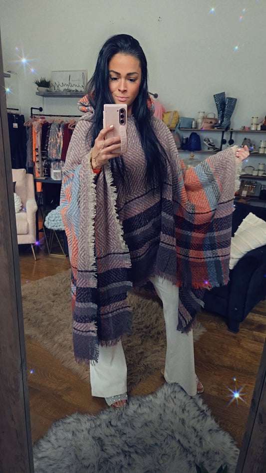 Hooded Plaid Pullover Poncho - One Size