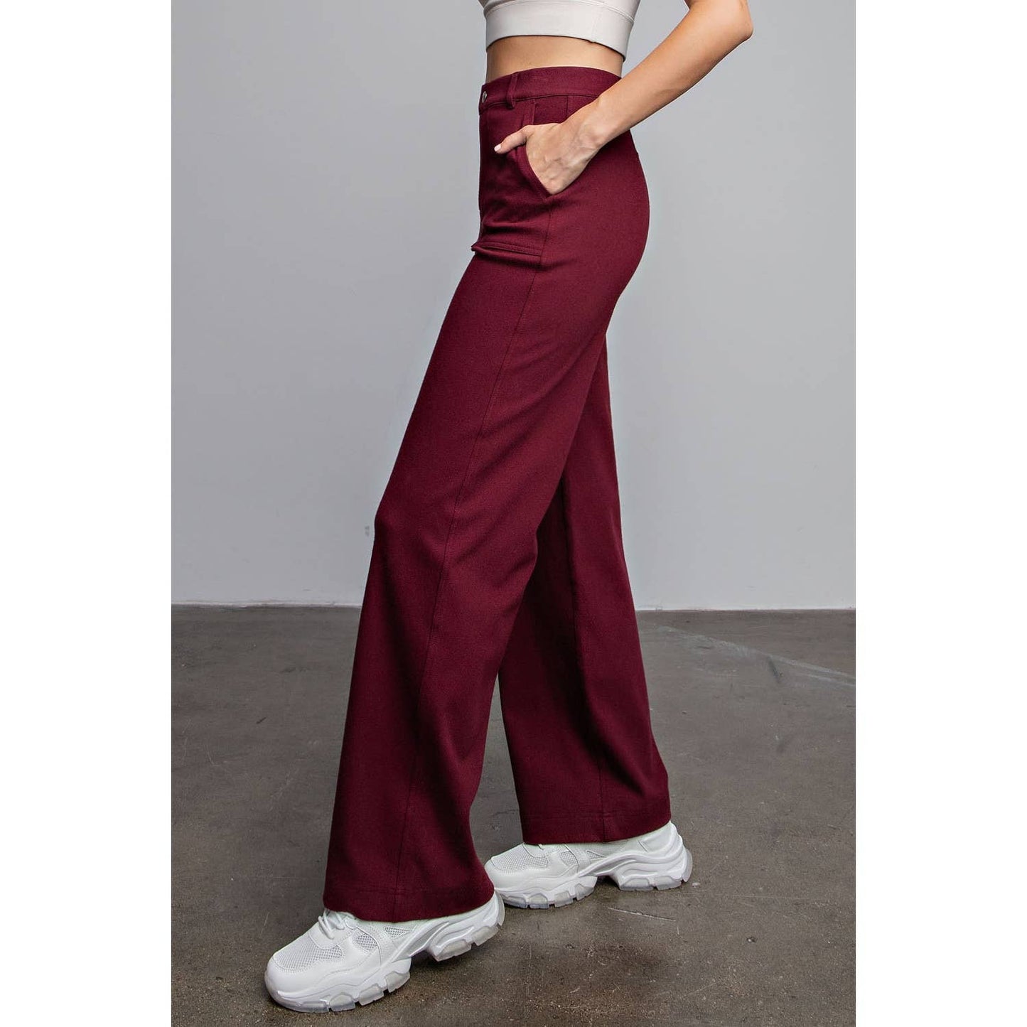 Triple Stretch Cotton Twill Wide Leg Trousers in Burgundy