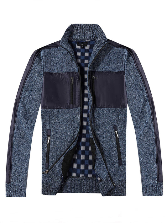 Men's Patch Design Sweater Full Zipper Cardigan in Blue