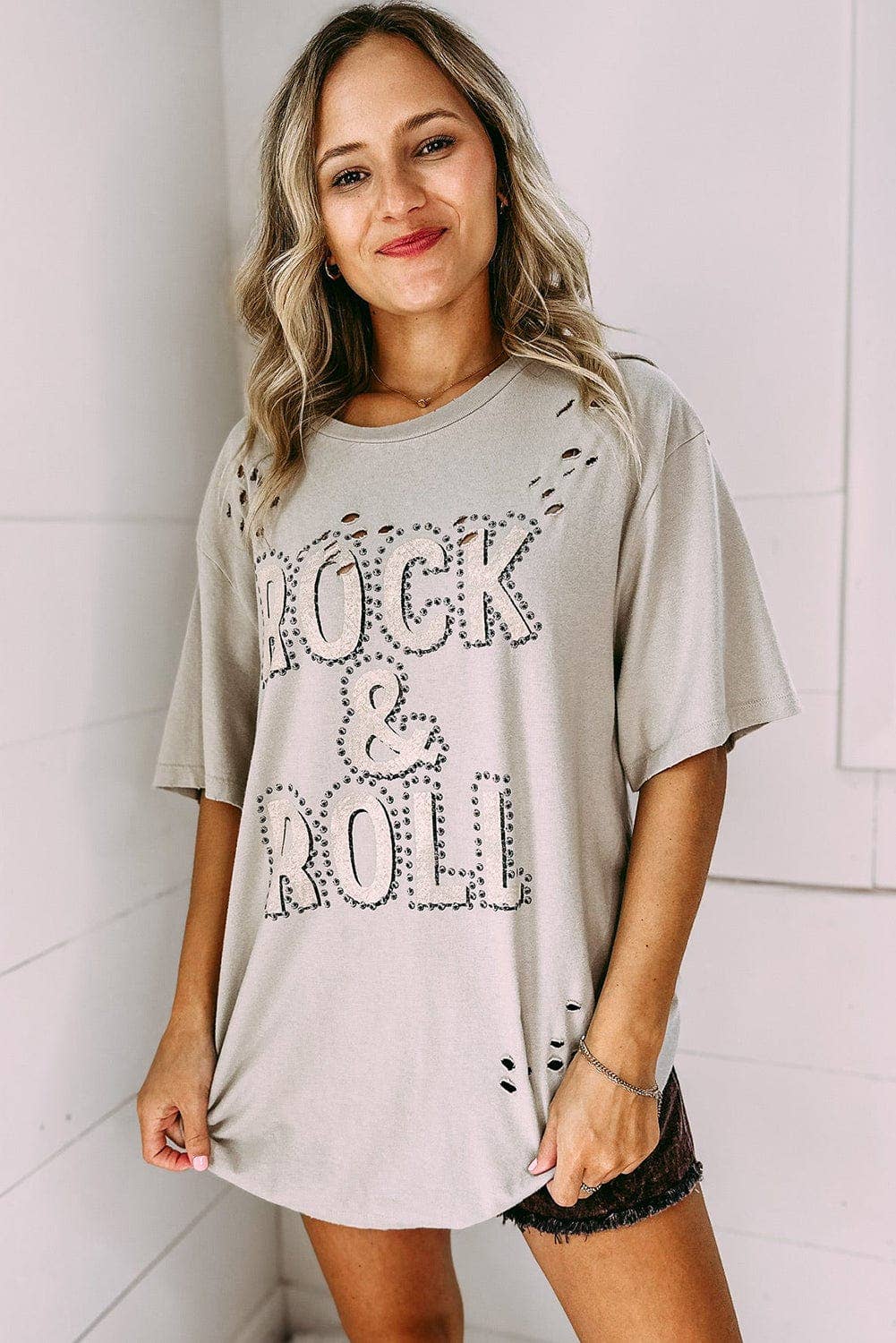 Rock & Roll Graphic Ripped Oversized Tee