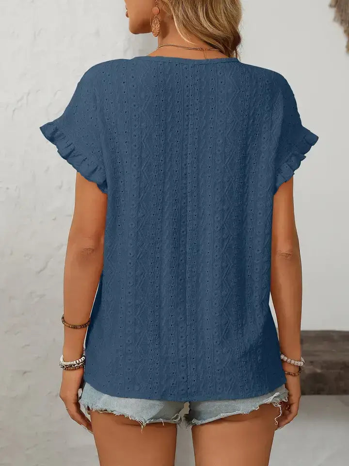 Light Blue Hollow-Out Crewneck Short Sleeve Summer Top: Turquoise blue / 65%Polyester+30%Viscose+5%Elastane / 2XL