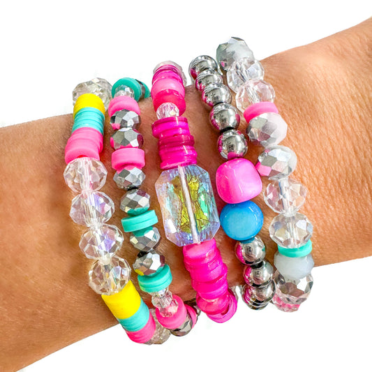 Summer Bright Pink, Yellow, Teal & Silver Bracelet Stack