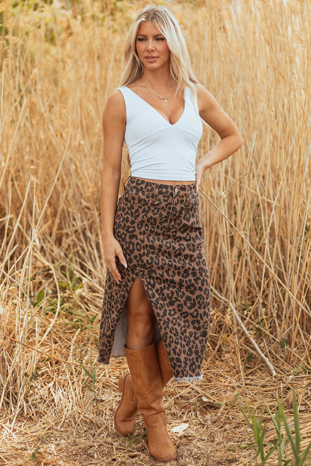 Brown Leopard Denim Frayed Split Denim Midi Skirt: Brown / 65%Cotton+33%Polyester+2%Elastane / XL