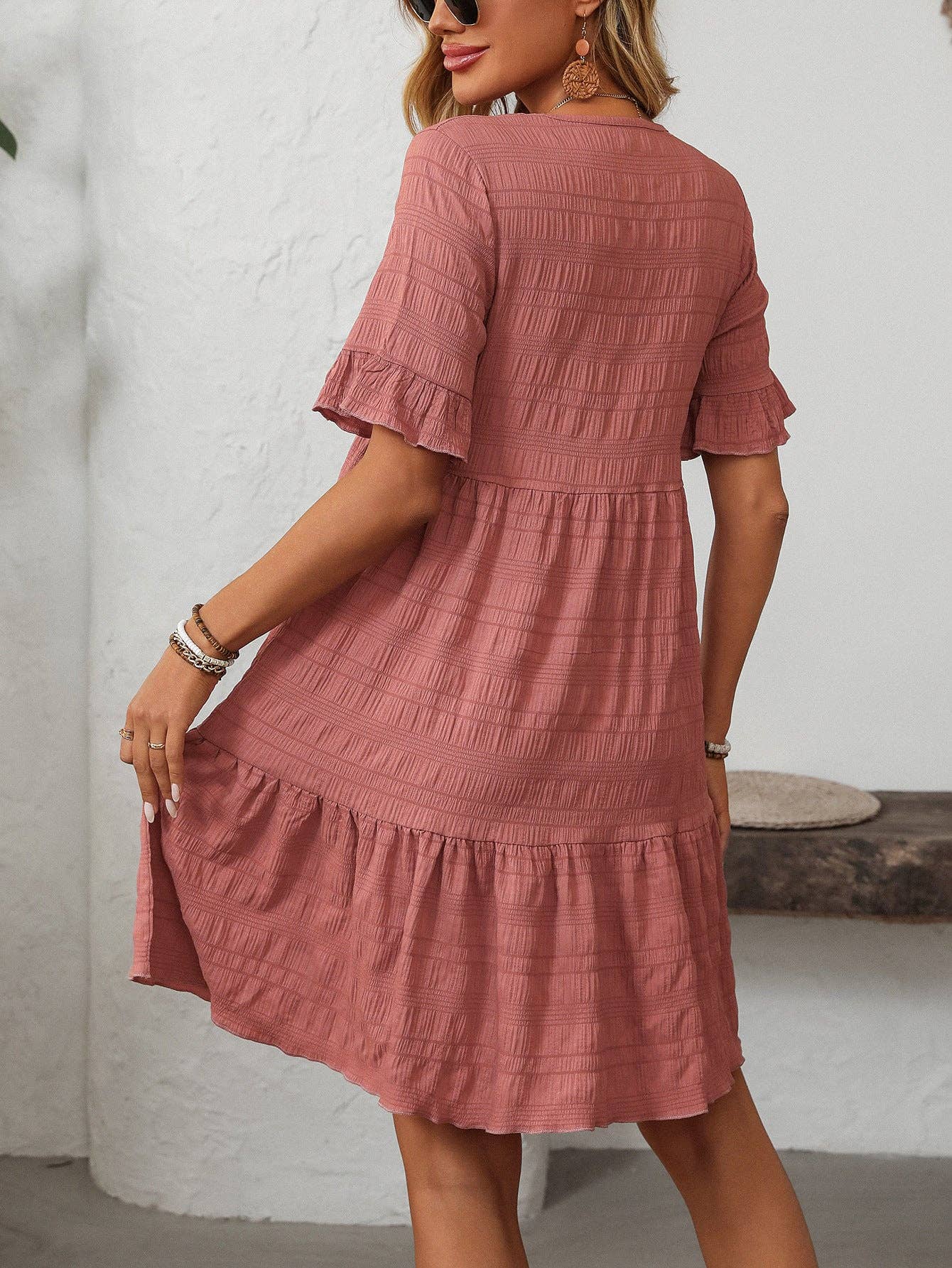 Women Ruffle Sleeve A Line Tiered Flowy Casual Trendy Mini Dress: Bean paste powder / 100% Polyester / 2XL