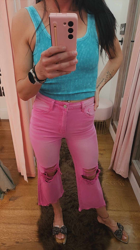 90's Distressed Crop Flare - Pink