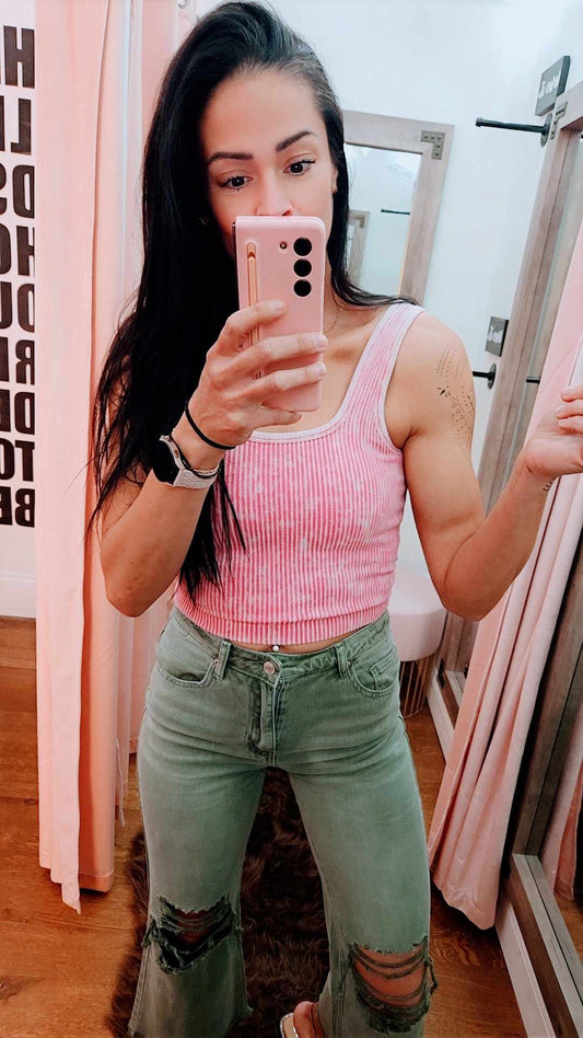 Ribbed Crop Tank with Built in Bra - Pink
