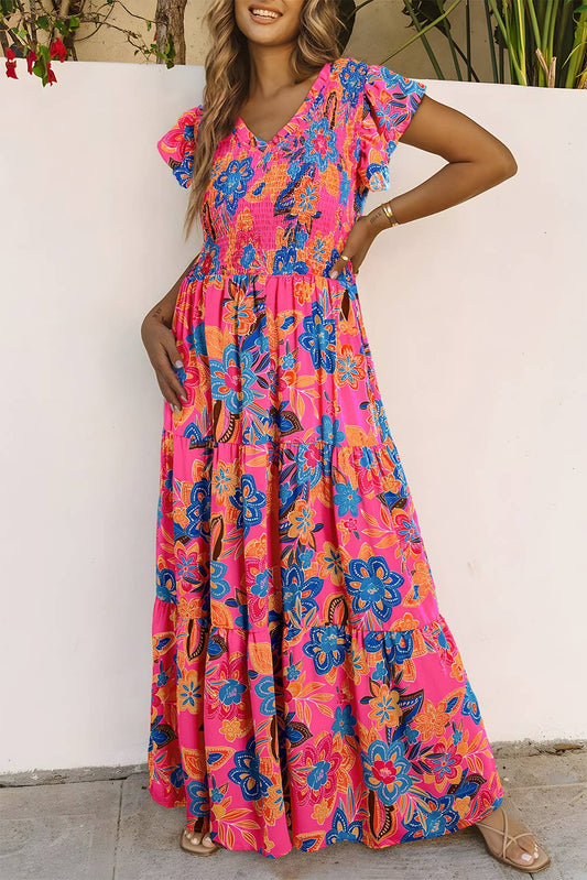 Women Boho Floral V Neck Ruffle Tiered Maxi Dress | S-XL: Missy / XL / Multi-Colored