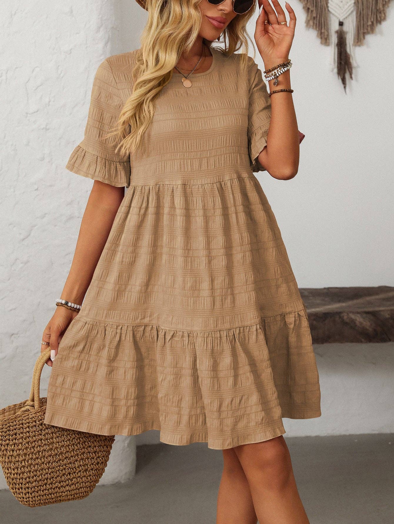 Women Ruffle Sleeve A Line Tiered Flowy Casual Trendy Mini Dress: Bean paste powder / 100% Polyester / XL
