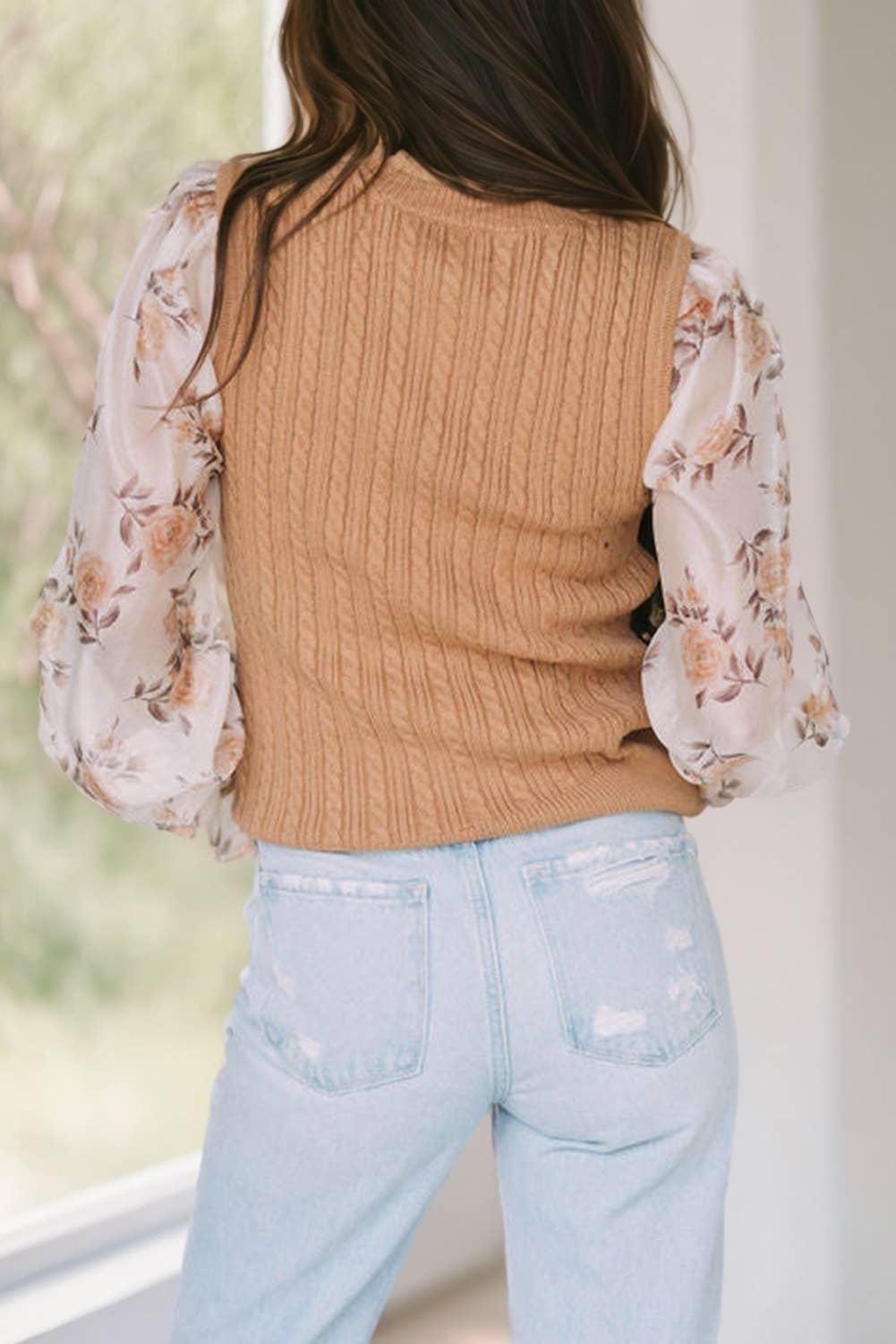 Sheepskin Floral Patchwork Ruffled Cuff Cable Knit Sweater