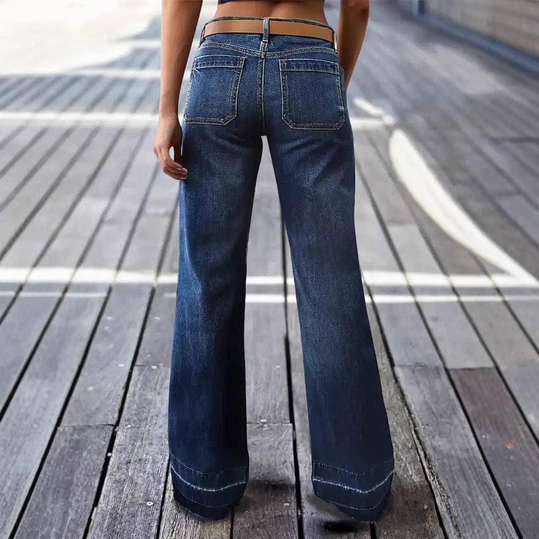 Light Wash Denim Jeans High Waist Wide Leg Casual: Navy / 100%Polyester / S