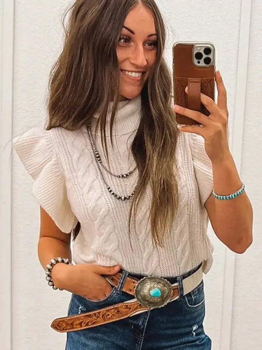 Ivory Ruffle Sleeve Cable Knit Sweater Top