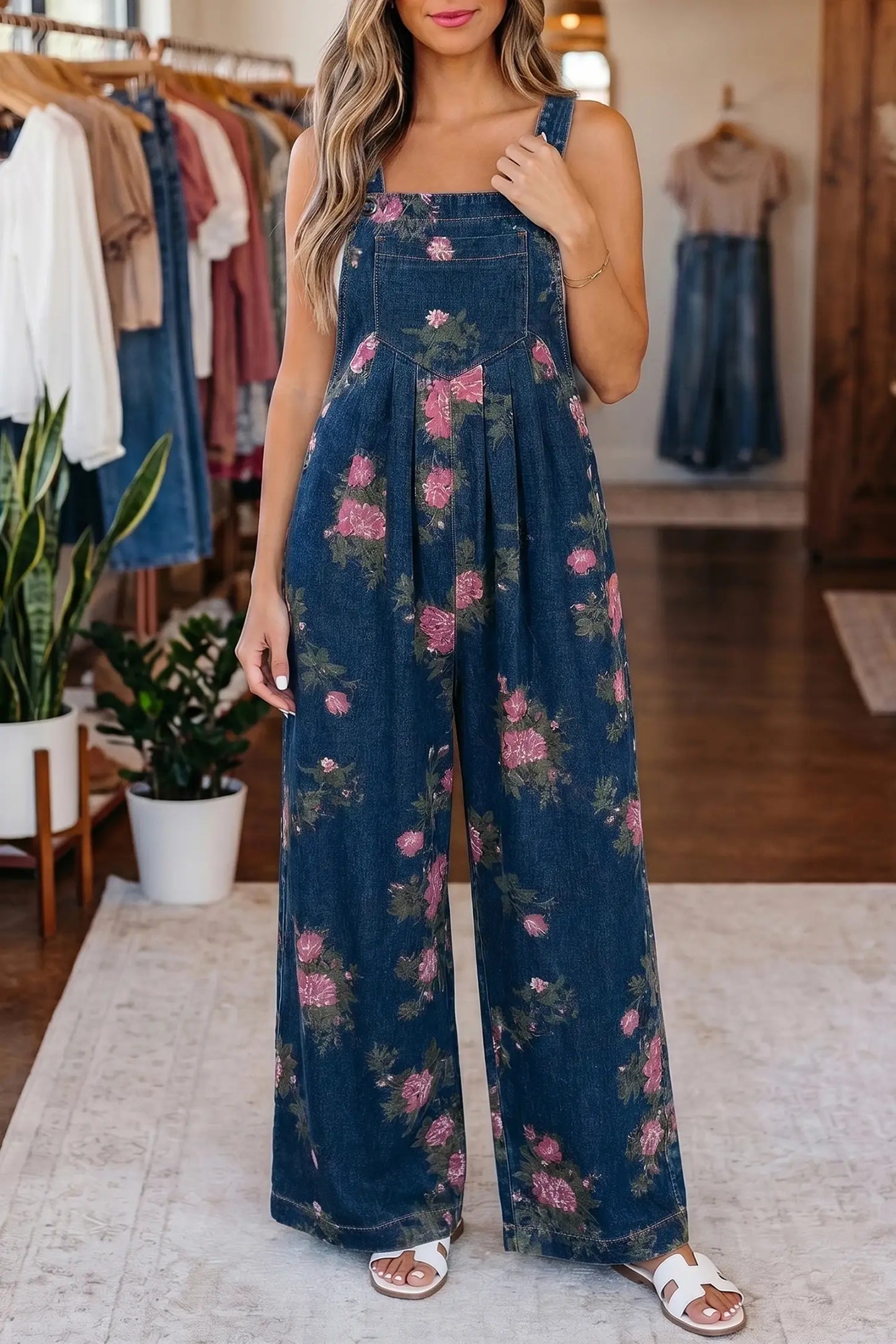 Beau Floral Print Pleated High Waist Wide Leg Denim Jumpsuit: Beau Blue / 50%Polyester+50%Cotton / S