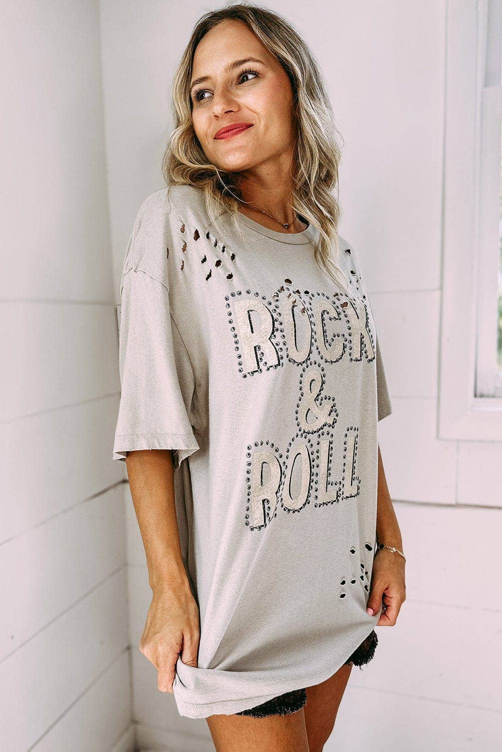 Rock & Roll Graphic Ripped Oversized Tee