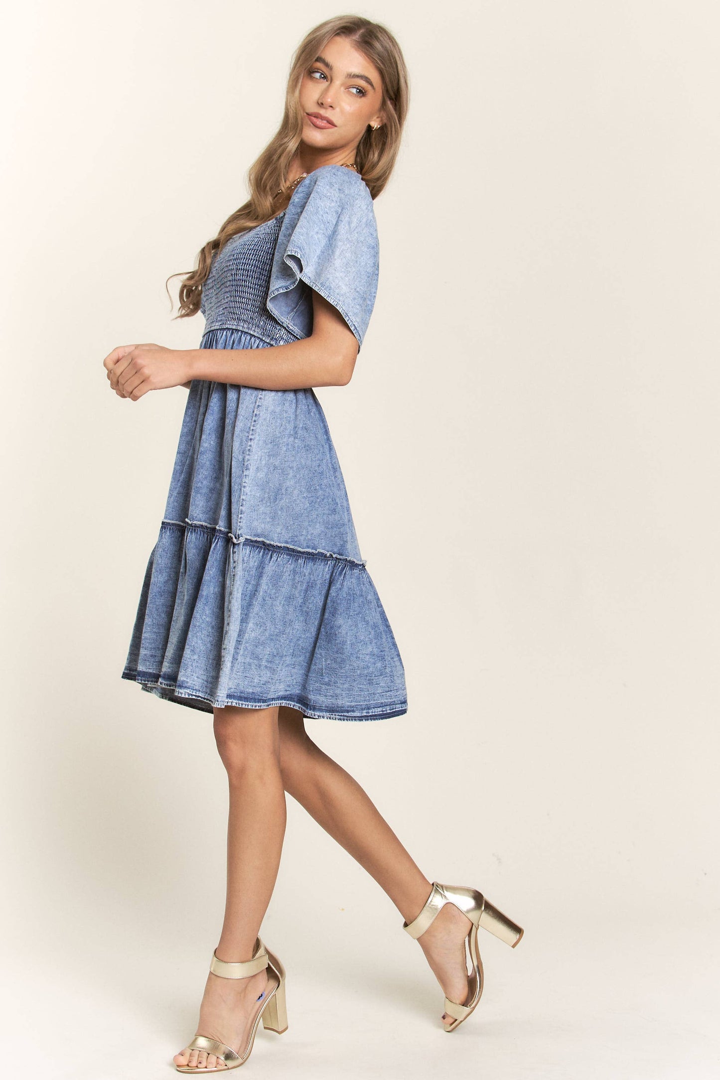 Washed Denim Smocked Top Dress - SALE