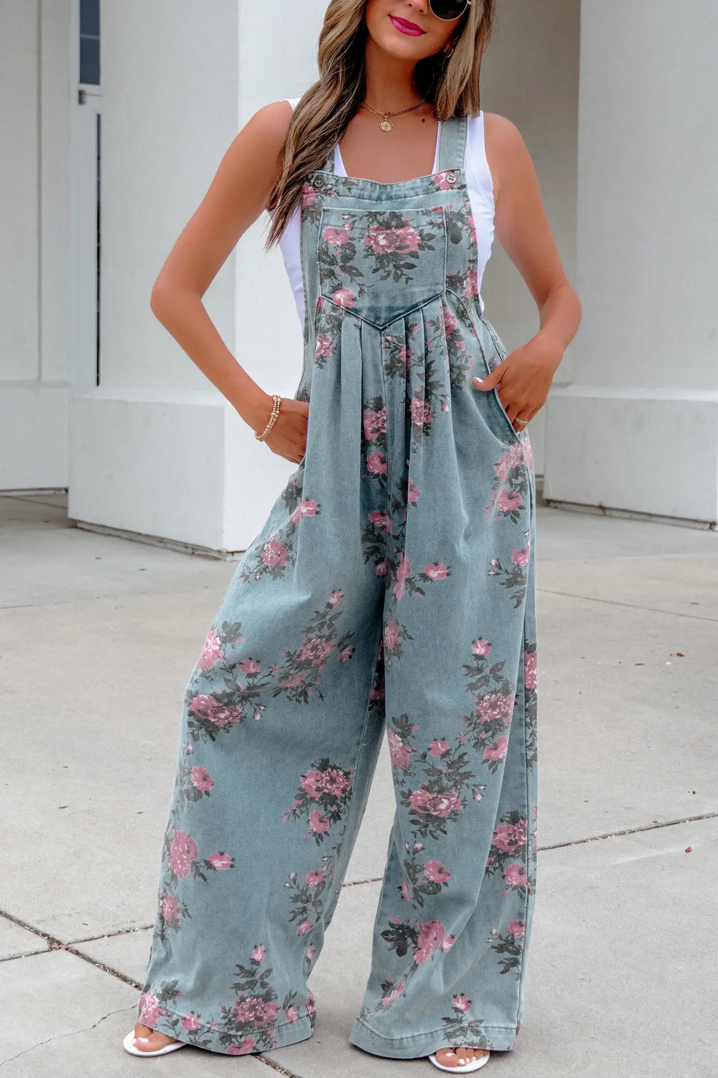 Beau Floral Print Pleated High Waist Wide Leg Denim Jumpsuit: Beau Blue / 50%Polyester+50%Cotton / L