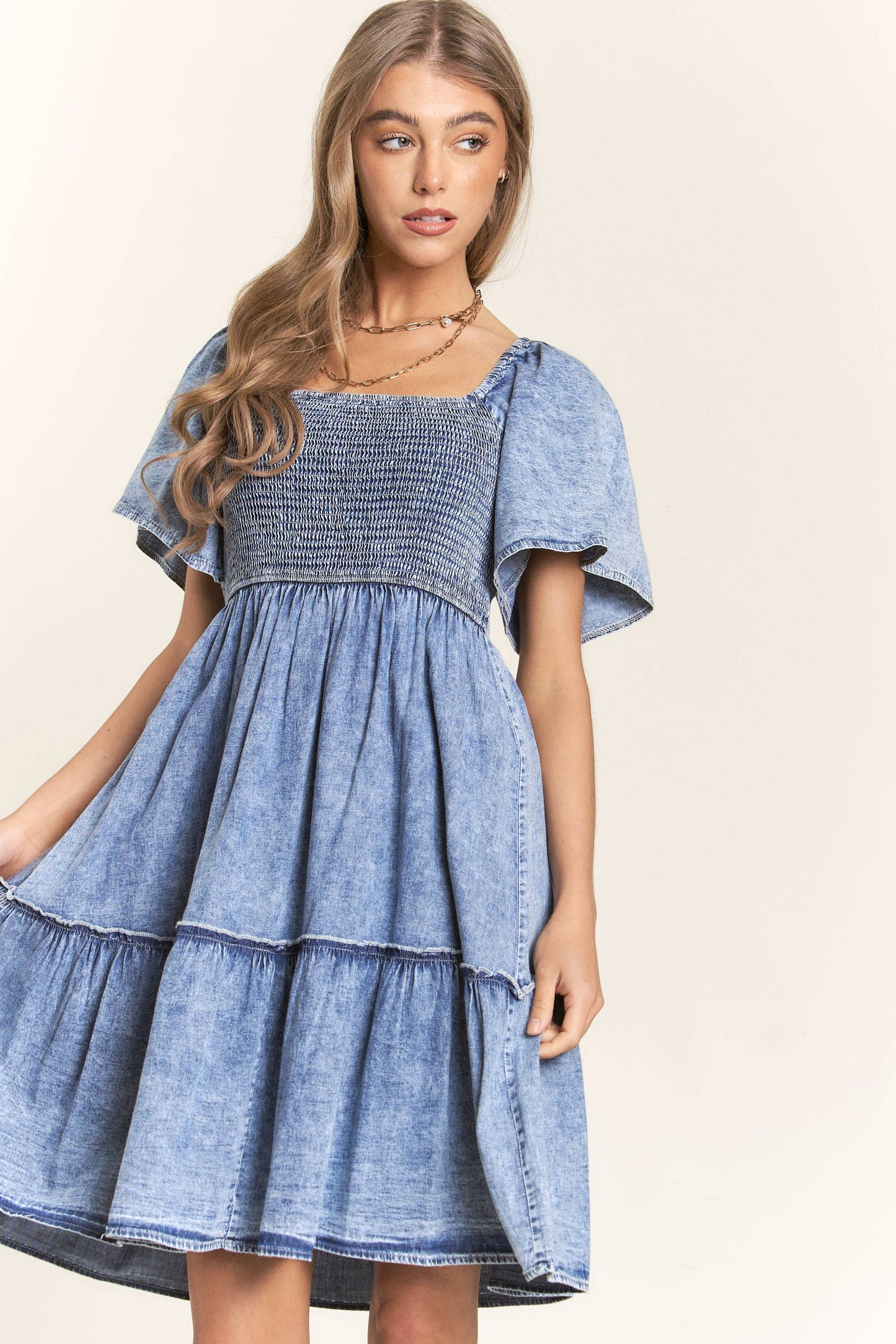 Washed Denim Smocked Top Dress