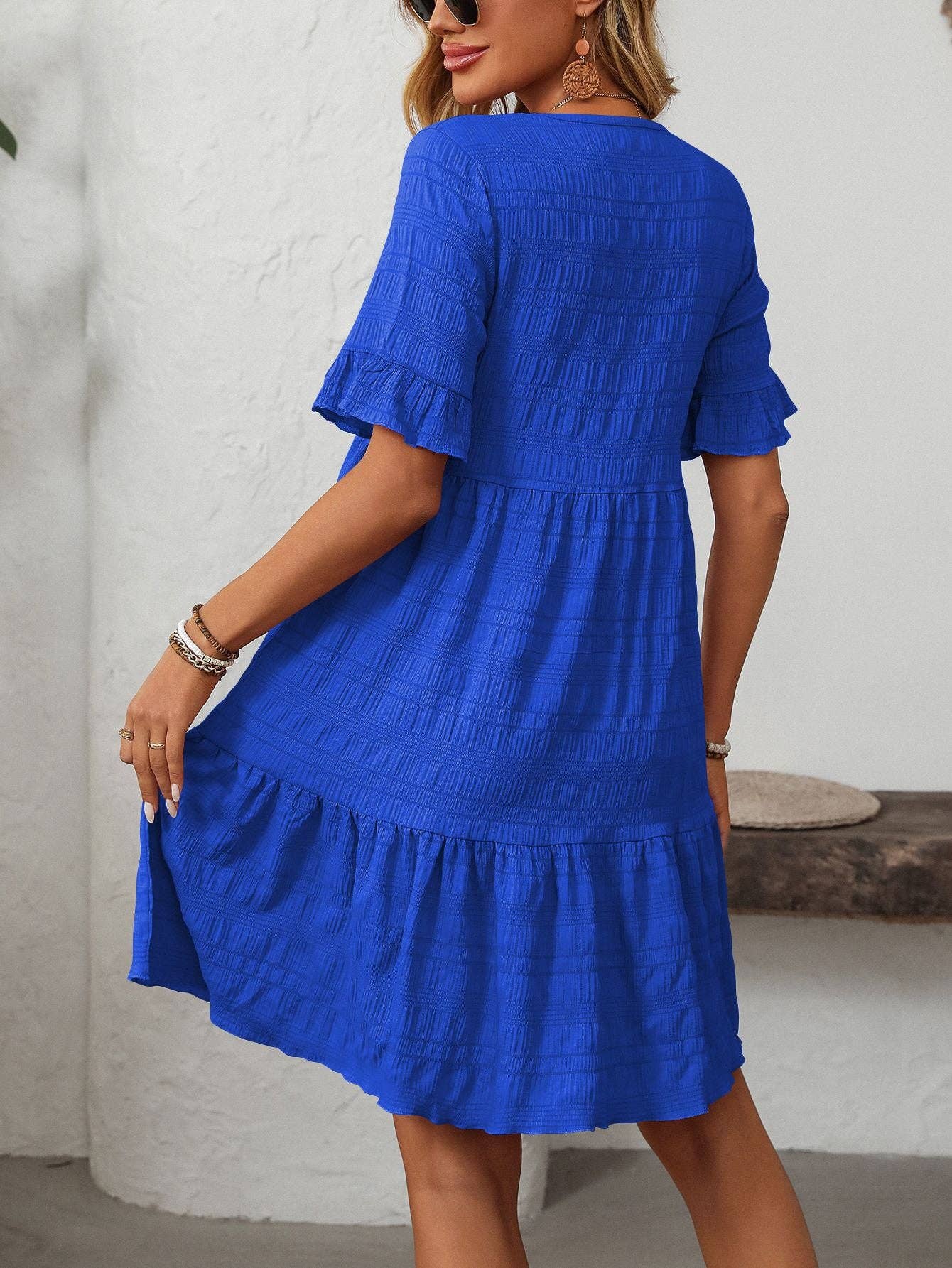 Women Ruffle Sleeve A Line Tiered Flowy Casual Trendy Mini Dress: Bean paste powder / 100% Polyester / 2XL