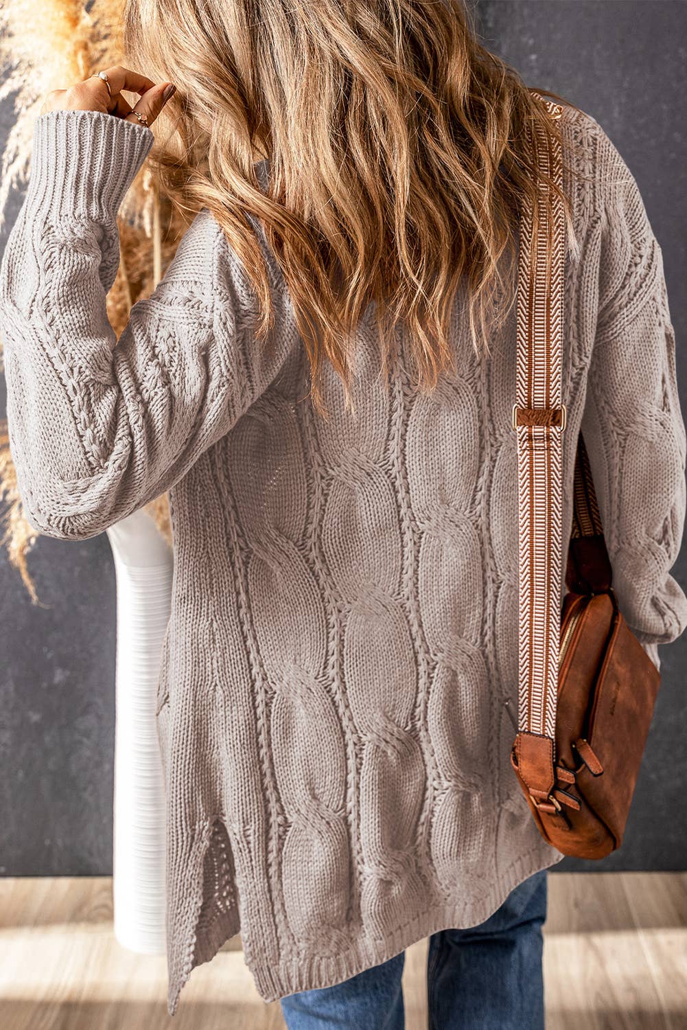 Textured Eyelet Ribbed Cable Knit Cardigan - Apricot
