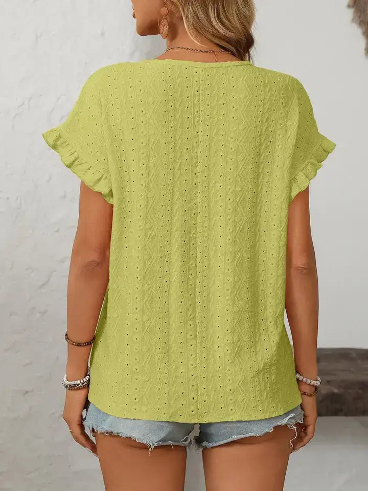 Light Blue Hollow-Out Crewneck Short Sleeve Summer Top: Turquoise blue / 65%Polyester+30%Viscose+5%Elastane / XL