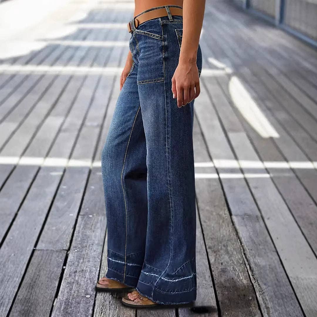 Light Wash Denim Jeans High Waist Wide Leg Casual: Navy / 100%Polyester / S