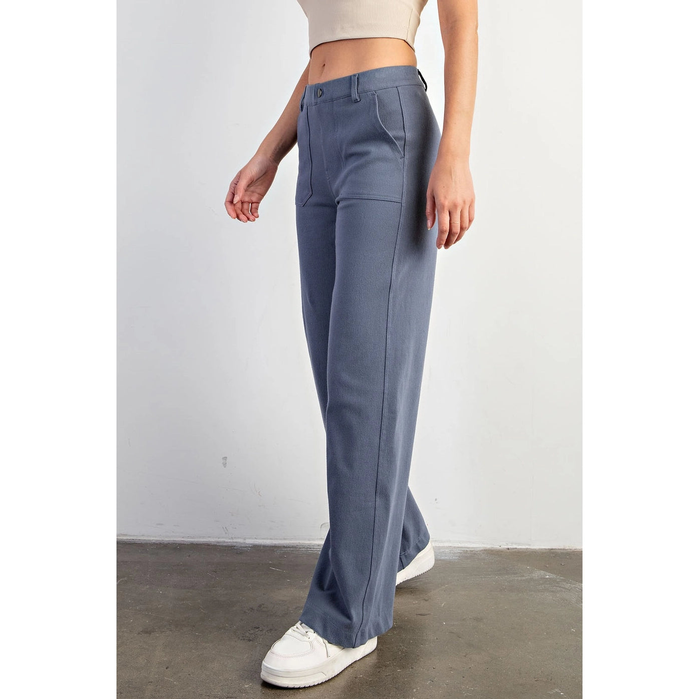 Triple Stretch Cotton Twill Wide Leg Trousers in Mineral Blue