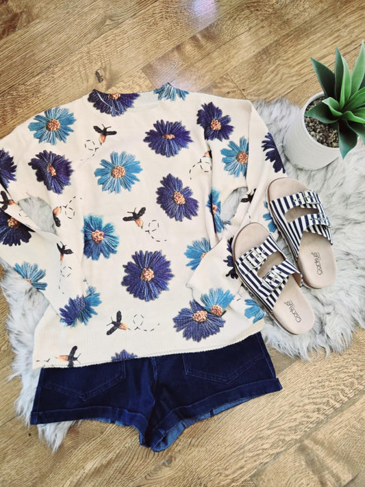 Daisies and Bees Light Spring Sweater
