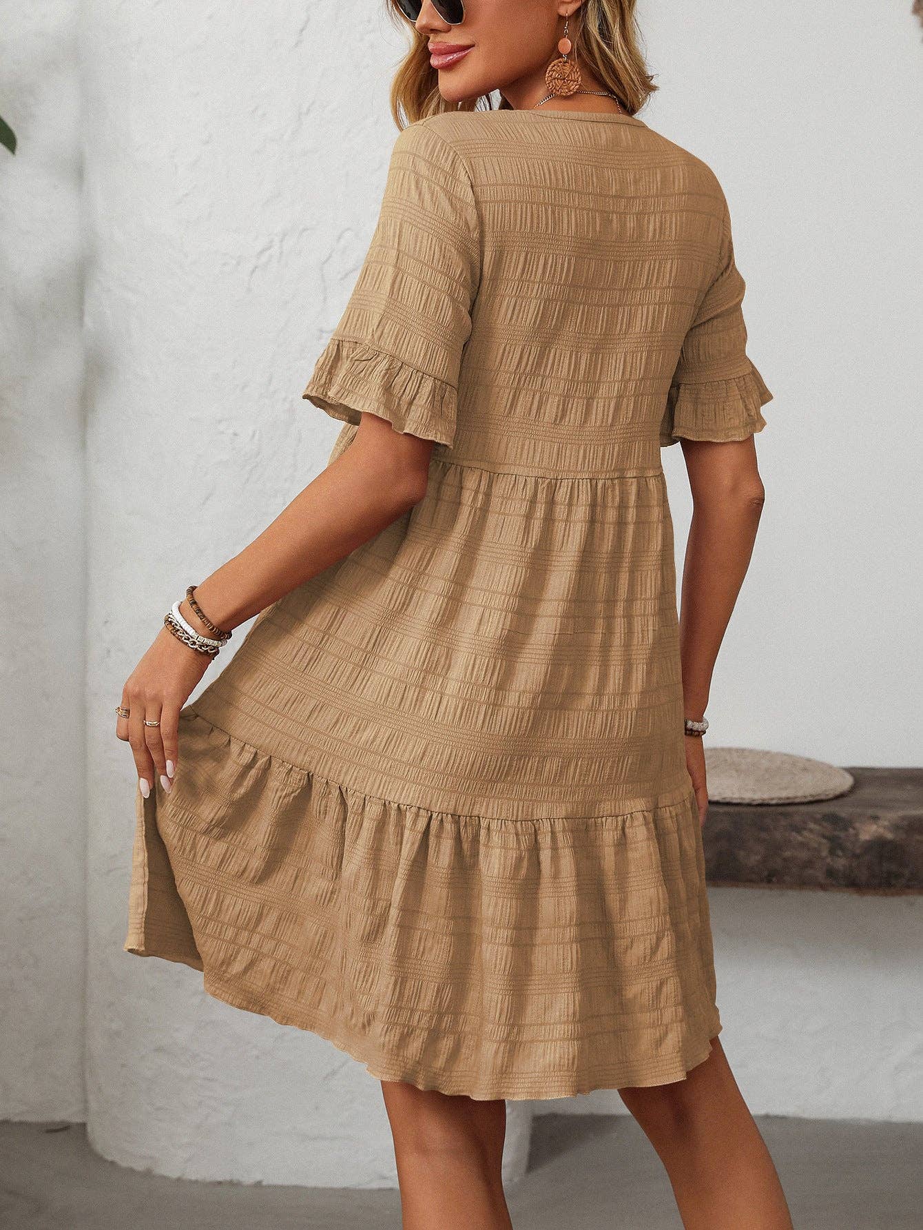 Women Ruffle Sleeve A Line Tiered Flowy Casual Trendy Mini Dress: Bean paste powder / 100% Polyester / XL