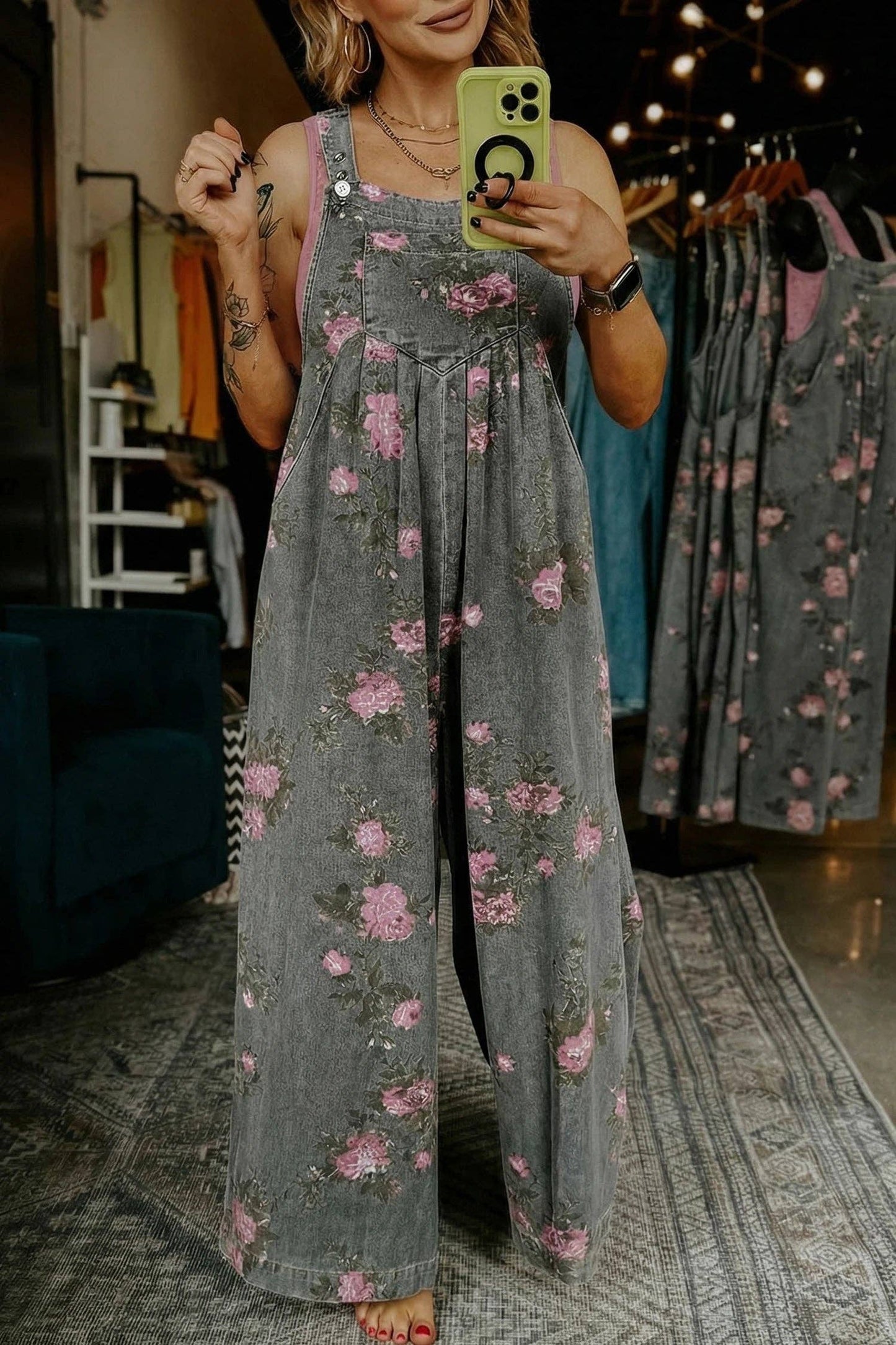 Beau Floral Print Pleated High Waist Wide Leg Denim Jumpsuit: Beau Blue / 50%Polyester+50%Cotton / S