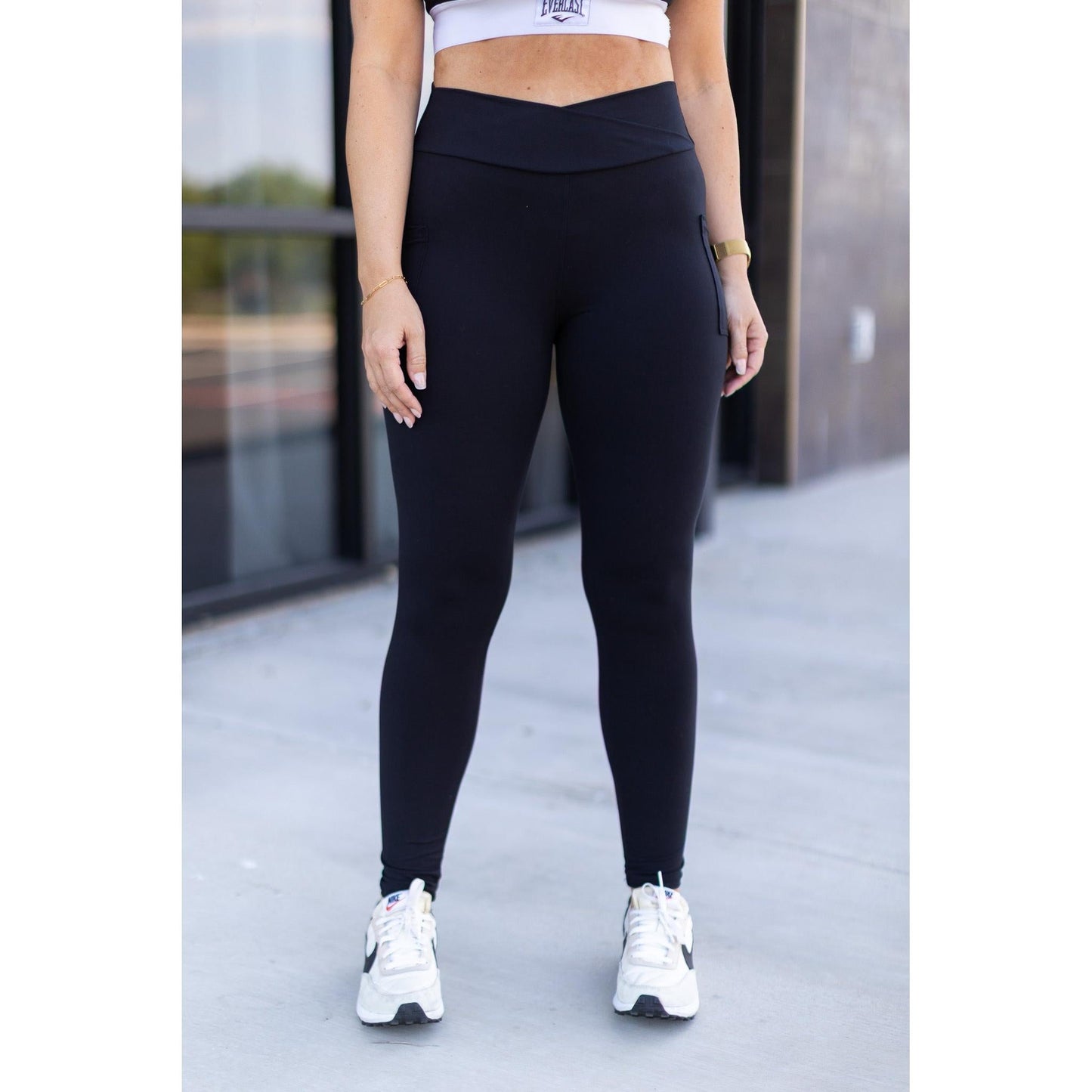 The Stephanie - Crossover BLACK Pocket Full Length Leggings