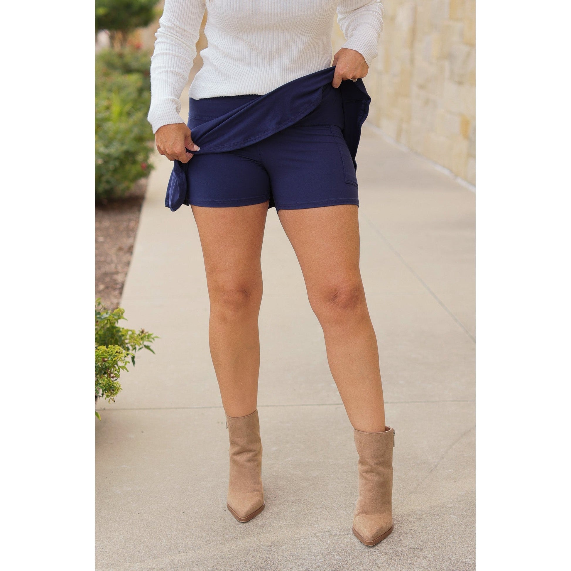 Julia Rose Josie Navy Skort with built-in shorts, high-waisted fit, Women’s navy skort by Julia Rose, soft high-quality fabric