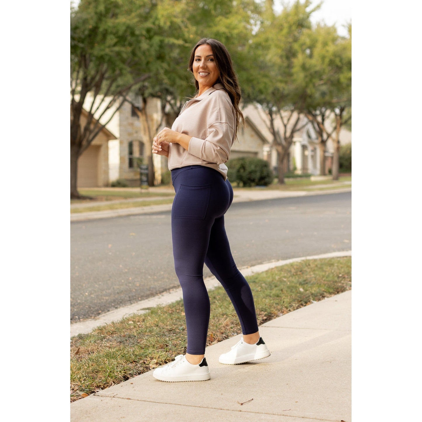 The Nadia - NAVY Crossover Full Length Leggings with Pockets
