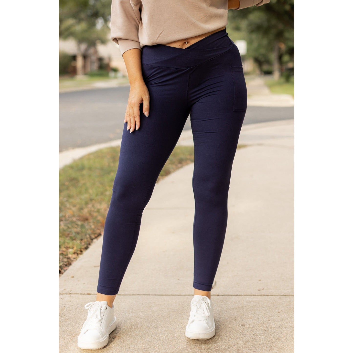 The Nadia - NAVY Crossover Full Length Leggings with Pockets