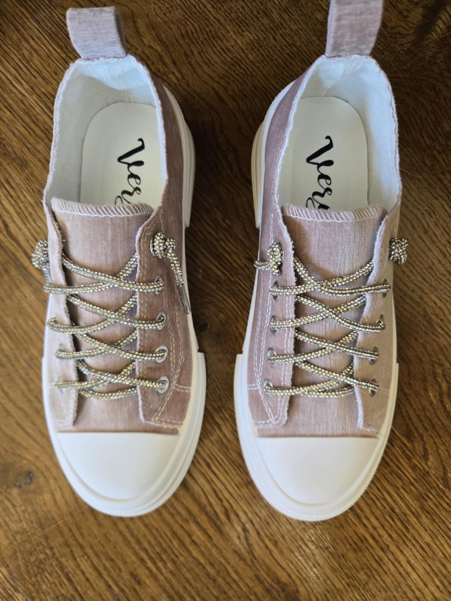 Very G Aman Taupe Suede Sneaker with Rhinestone Laces