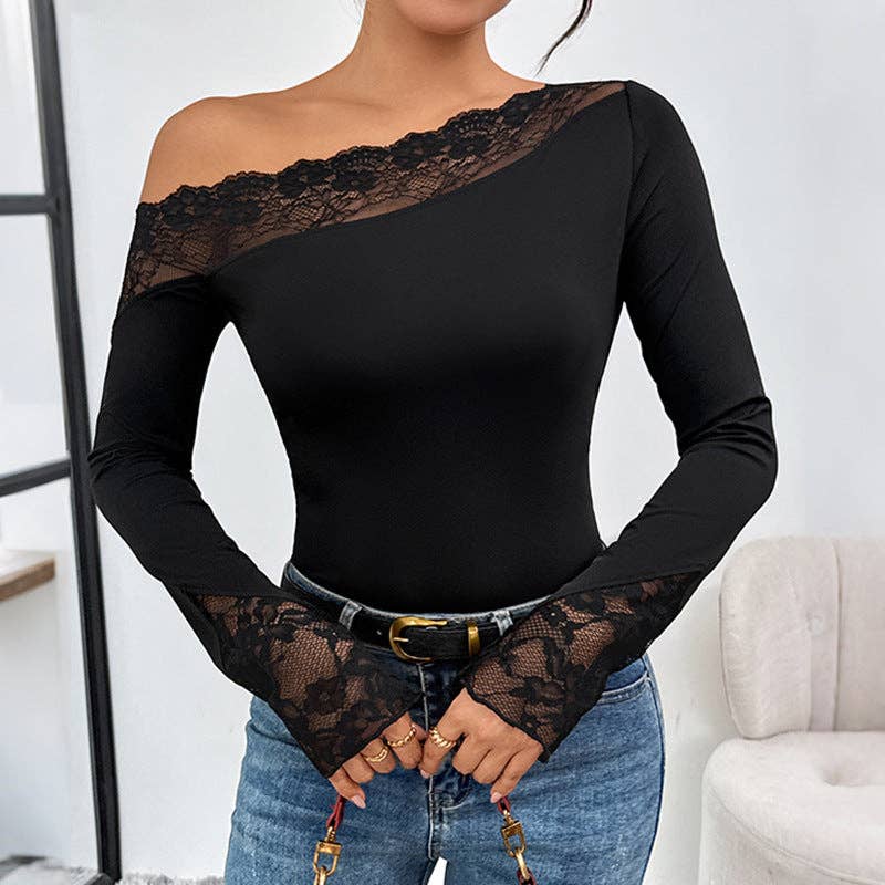 One Shoulder Lace Bodysuit Sexy Black Long Sleeve Top