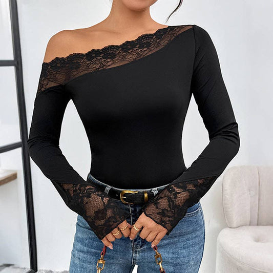 One Shoulder Lace Bodysuit Sexy Black Long Sleeve Top