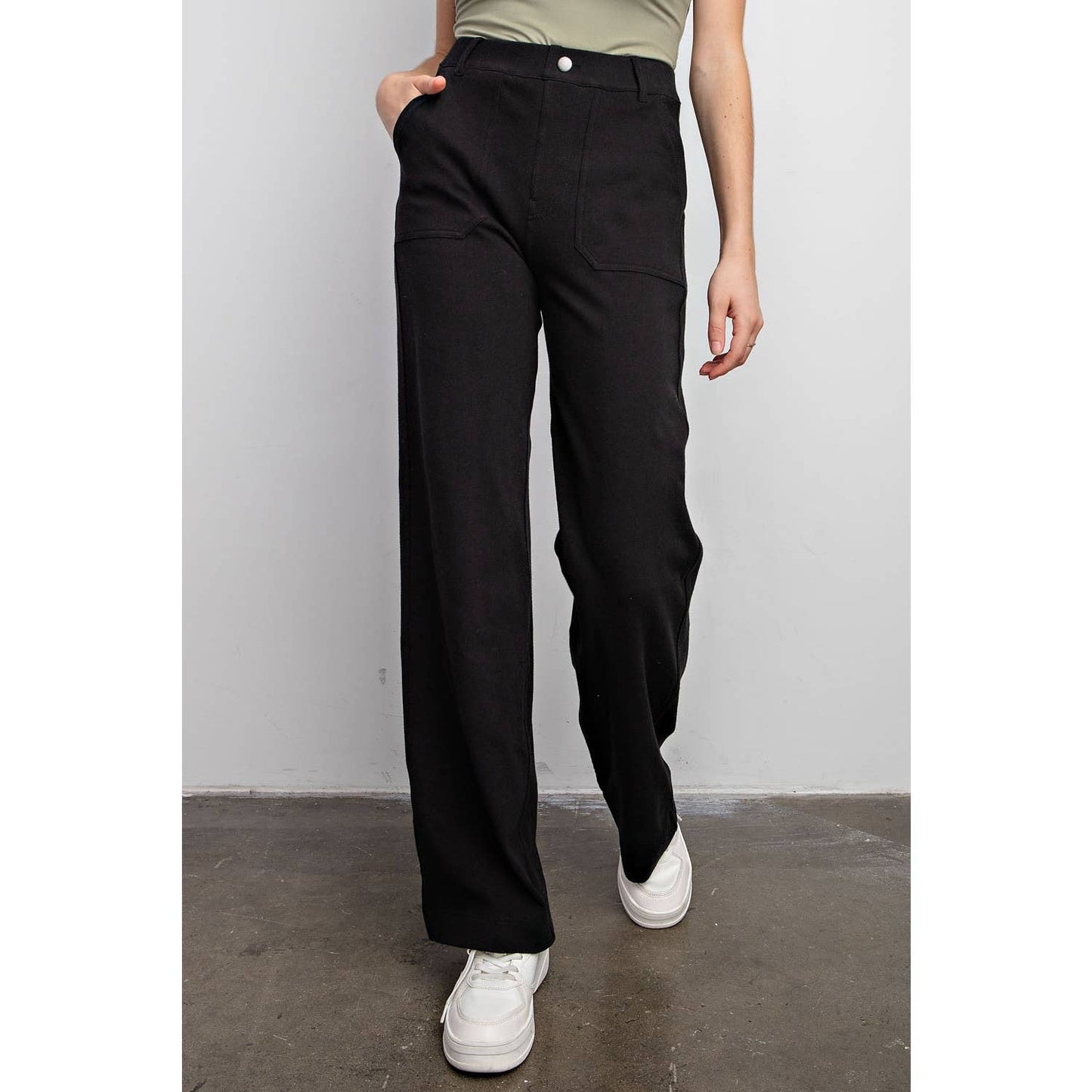 Triple Stretch Cotton Twill Wide Leg Trousers in Black