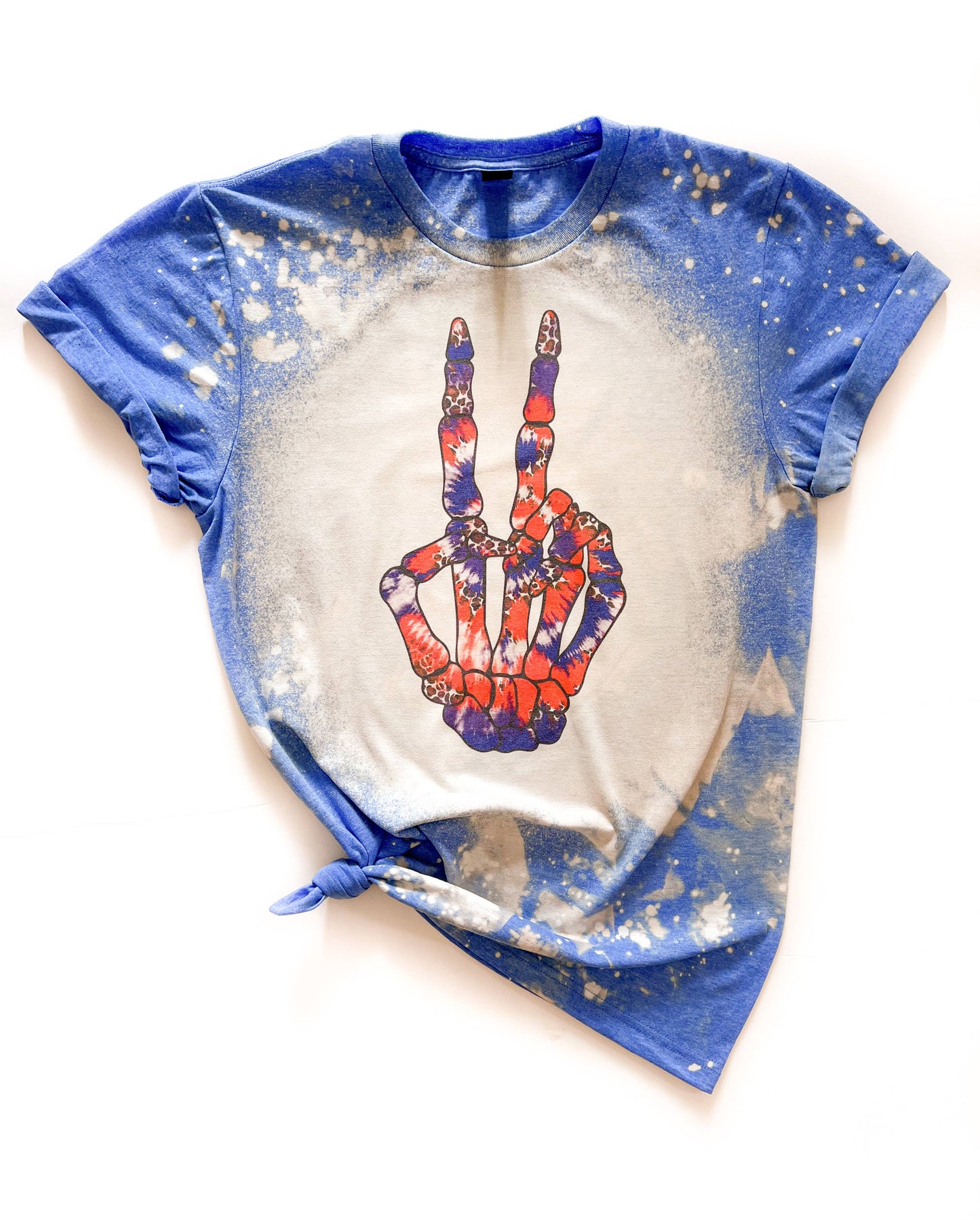 4th of July Skeleton Peace Sign Bleached T-Shirt - SALE