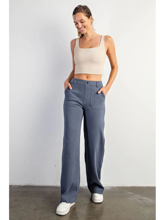 Triple Stretch Cotton Twill Wide Leg Trousers in Mineral Blue